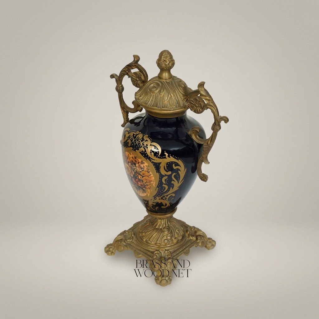 Rococo Lidded Urn Vase - Navy Blue Ceramic with Ornate Brass Mounts & Floral Medallion — Antique Gold