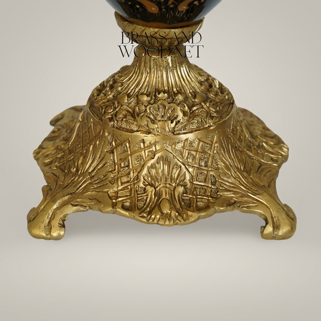 Rococo Lidded Urn Vase — Navy Ceramic with Arabesque Scrollwork & Hand-Painted Floral Medallion — Antique Gold