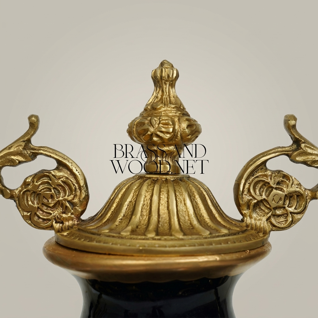 Rococo Lidded Urn Vase — Navy Ceramic with Arabesque Scrollwork & Hand-Painted Floral Medallion — Antique Gold