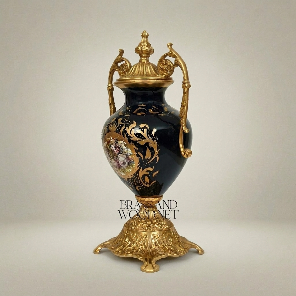 Rococo Lidded Urn Vase — Navy Ceramic with Arabesque Scrollwork & Hand-Painted Floral Medallion