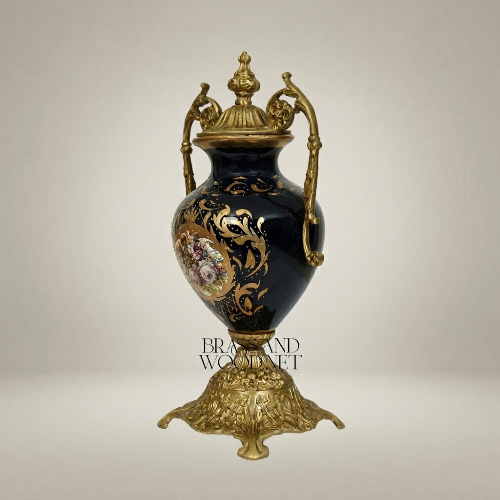 Rococo Lidded Urn Vase — Navy Ceramic with Arabesque Scrollwork & Hand-Painted Floral Medallion — Antique Gold