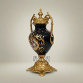 Rococo Lidded Urn Vase — Navy Ceramic with Arabesque Scrollwork & Hand-Painted Floral Medallion — Gold
