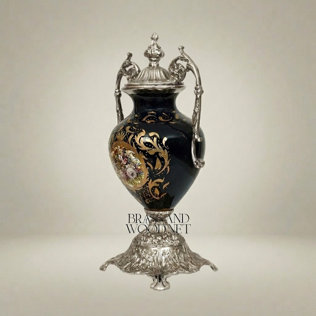Rococo Lidded Urn Vase — Navy Ceramic with Arabesque Scrollwork & Hand-Painted Floral Medallion — Silver
