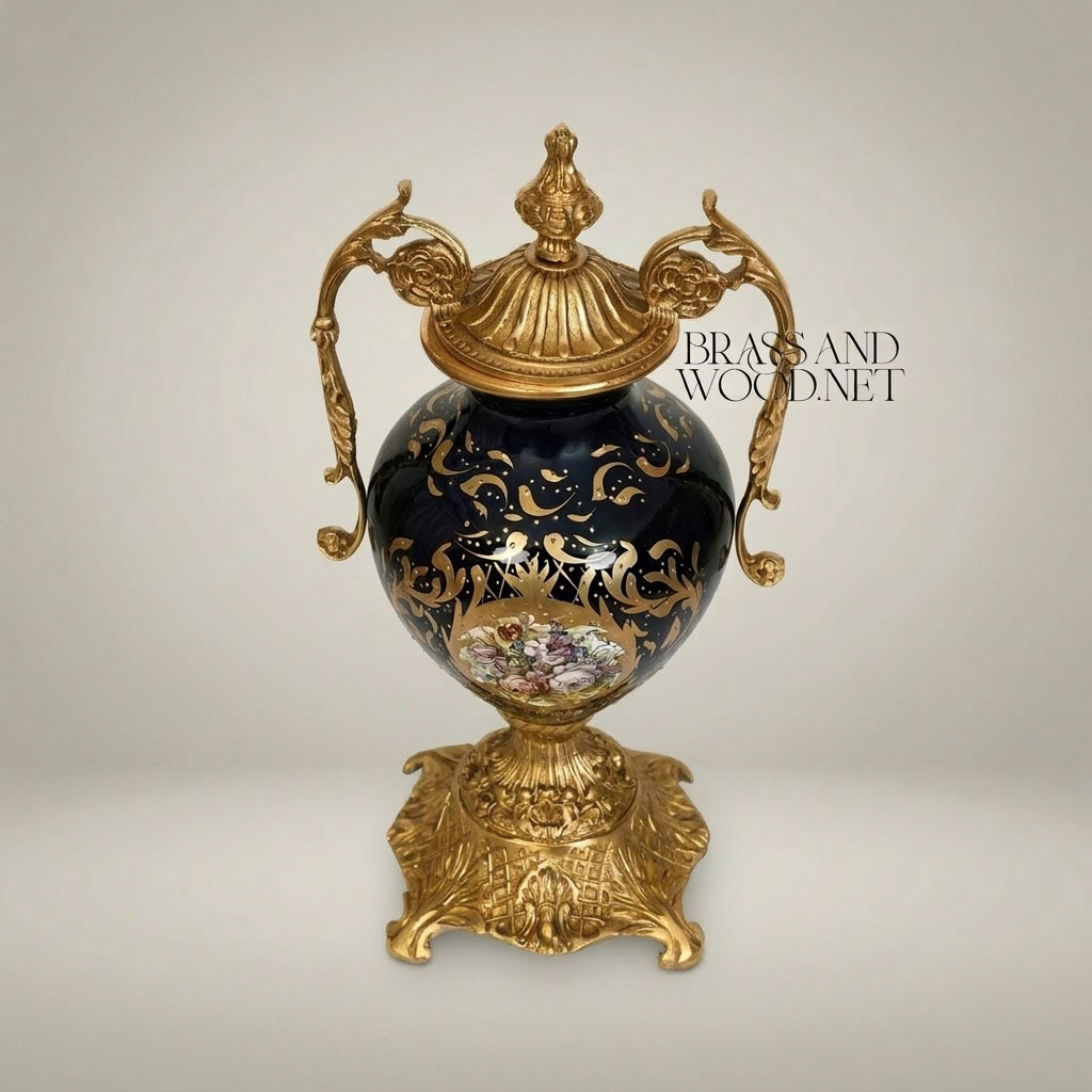 Rococo Lidded Urn Vase — Navy Ceramic with Arabesque Scrollwork & Hand-Painted Floral Medallion