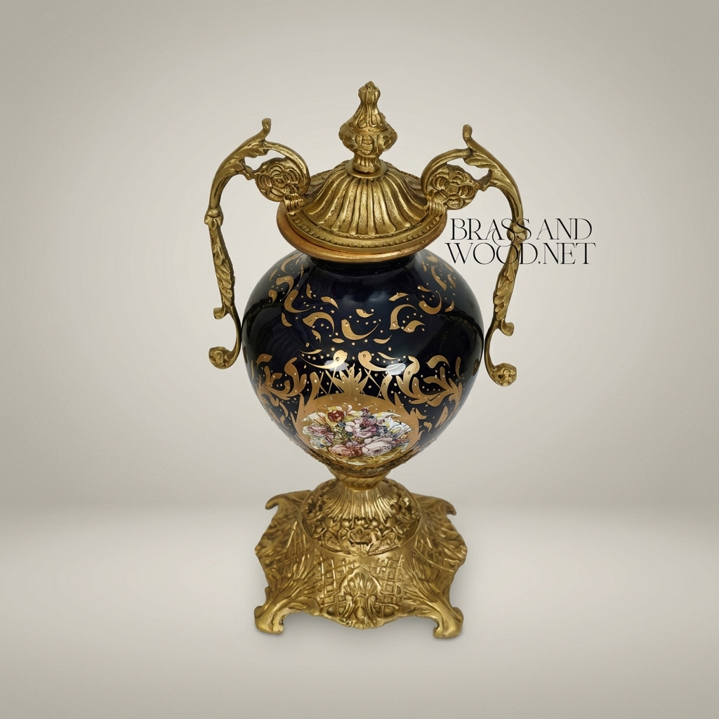 Rococo Lidded Urn Vase — Navy Ceramic with Arabesque Scrollwork & Hand-Painted Floral Medallion — Antique Gold