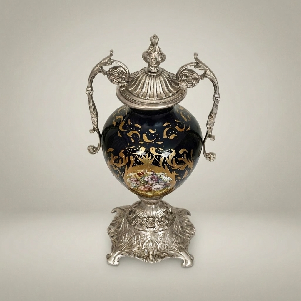 Rococo Lidded Urn Vase — Navy Ceramic with Arabesque Scrollwork & Hand-Painted Floral Medallion — Silver