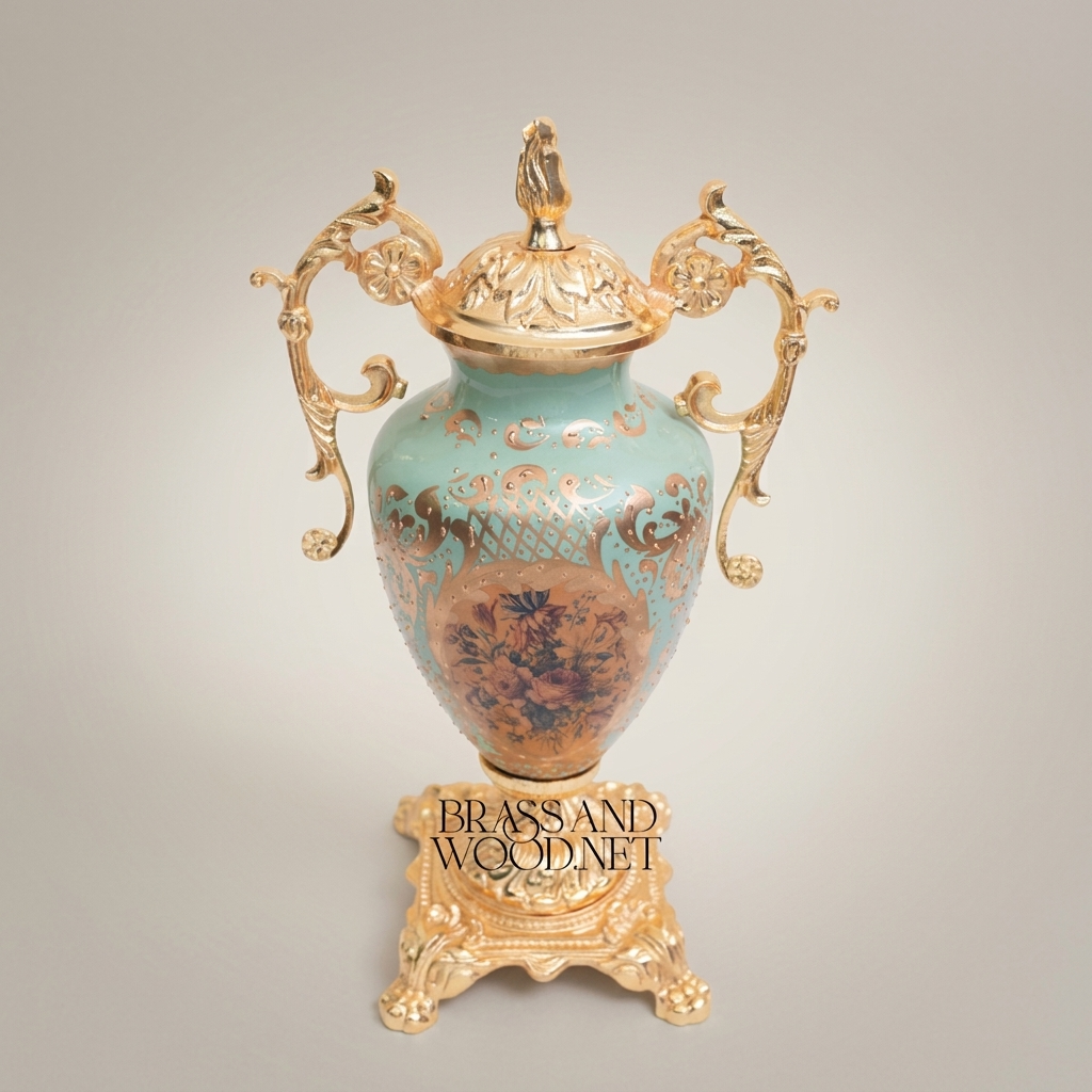 Rococo Lidded Urn Vase with Scrolled Brass Handles & Floral Medallion on Turquoise Ceramic
