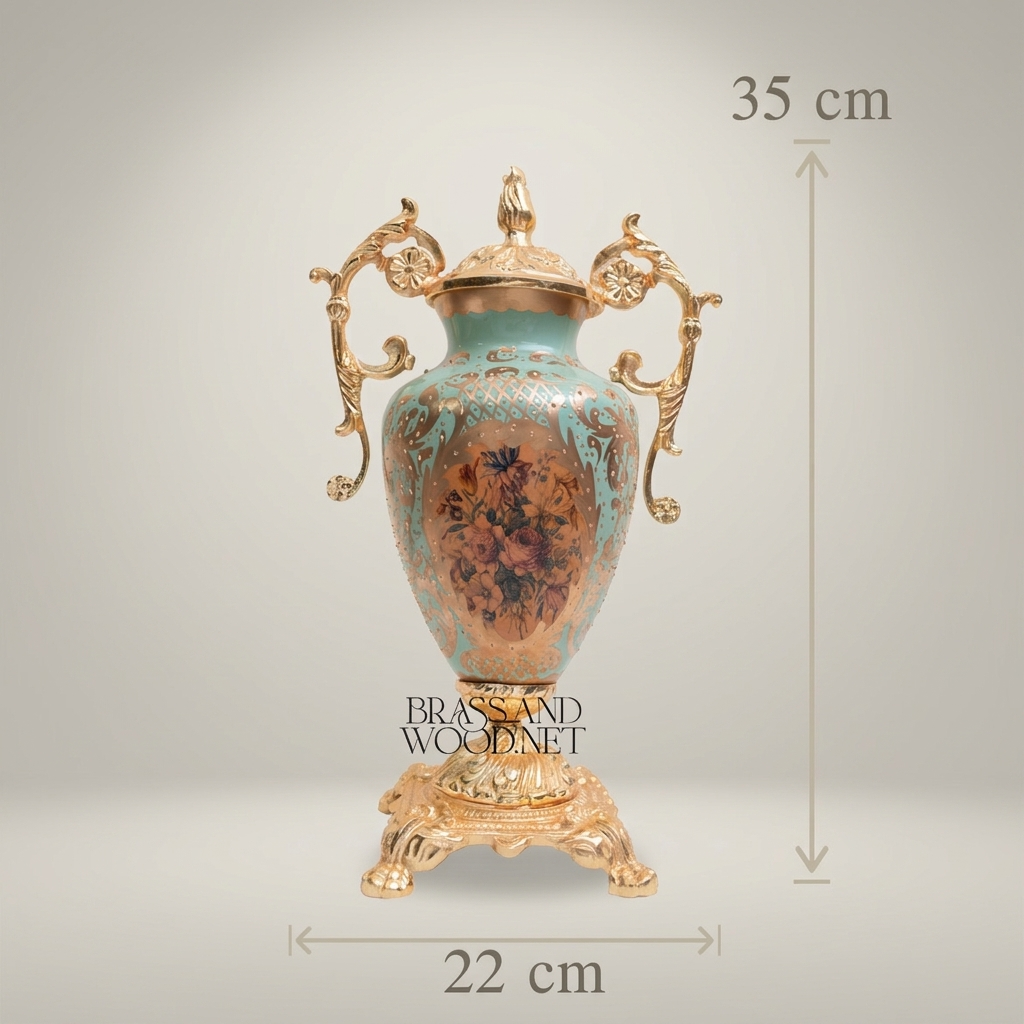 Rococo Lidded Urn Vase with Scrolled Brass Handles & Floral Medallion on Turquoise Ceramic — Gold