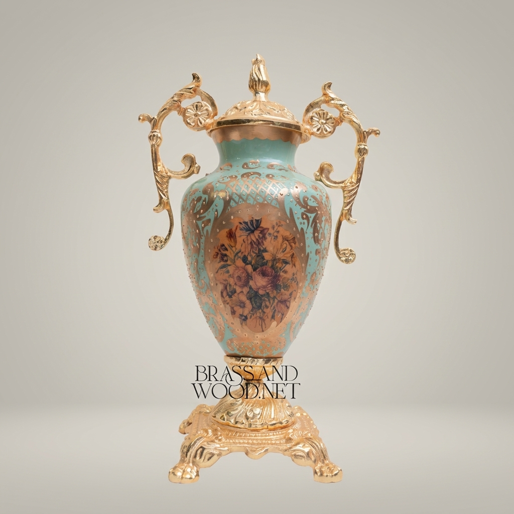 Rococo Lidded Urn Vase with Scrolled Brass Handles & Floral Medallion on Turquoise Ceramic
