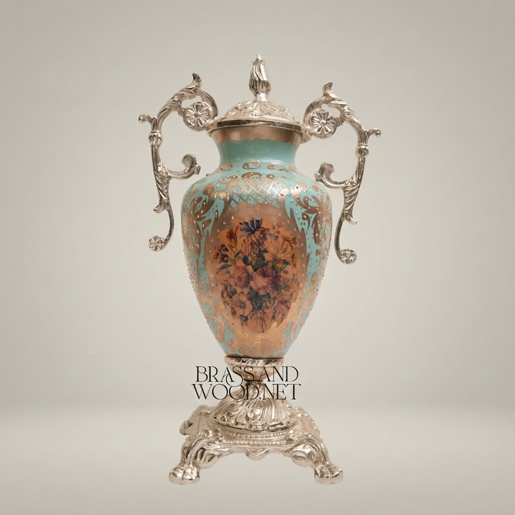 Rococo Lidded Urn Vase with Scrolled Brass Handles & Floral Medallion on Turquoise Ceramic — Silver