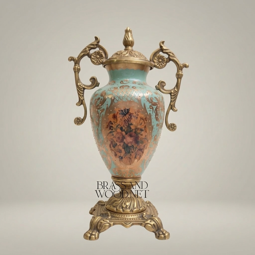 Rococo Lidded Urn Vase with Scrolled Brass Handles & Floral Medallion on Turquoise Ceramic — Antique Gold