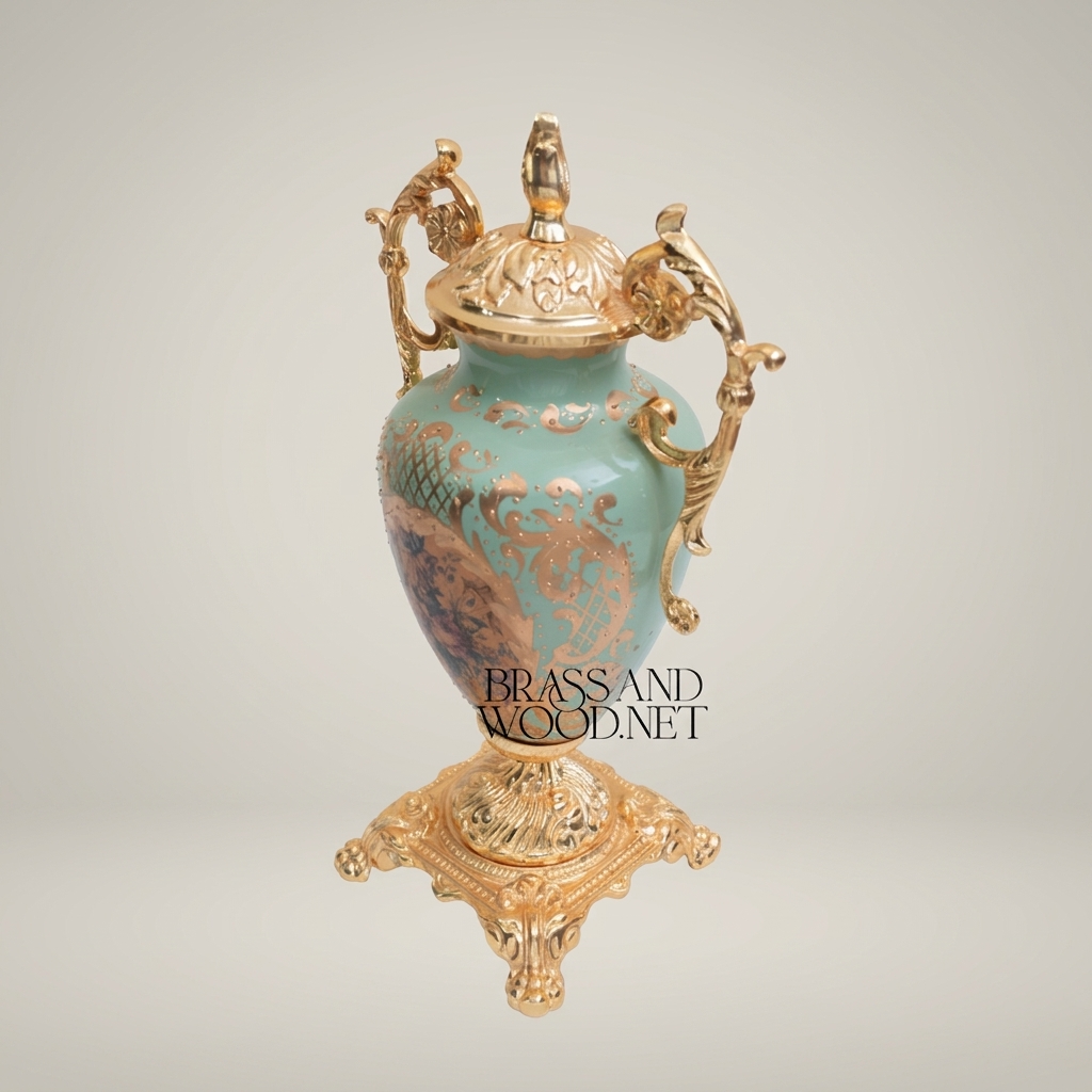 Rococo Lidded Urn Vase with Scrolled Brass Handles & Floral Medallion on Turquoise Ceramic — Gold