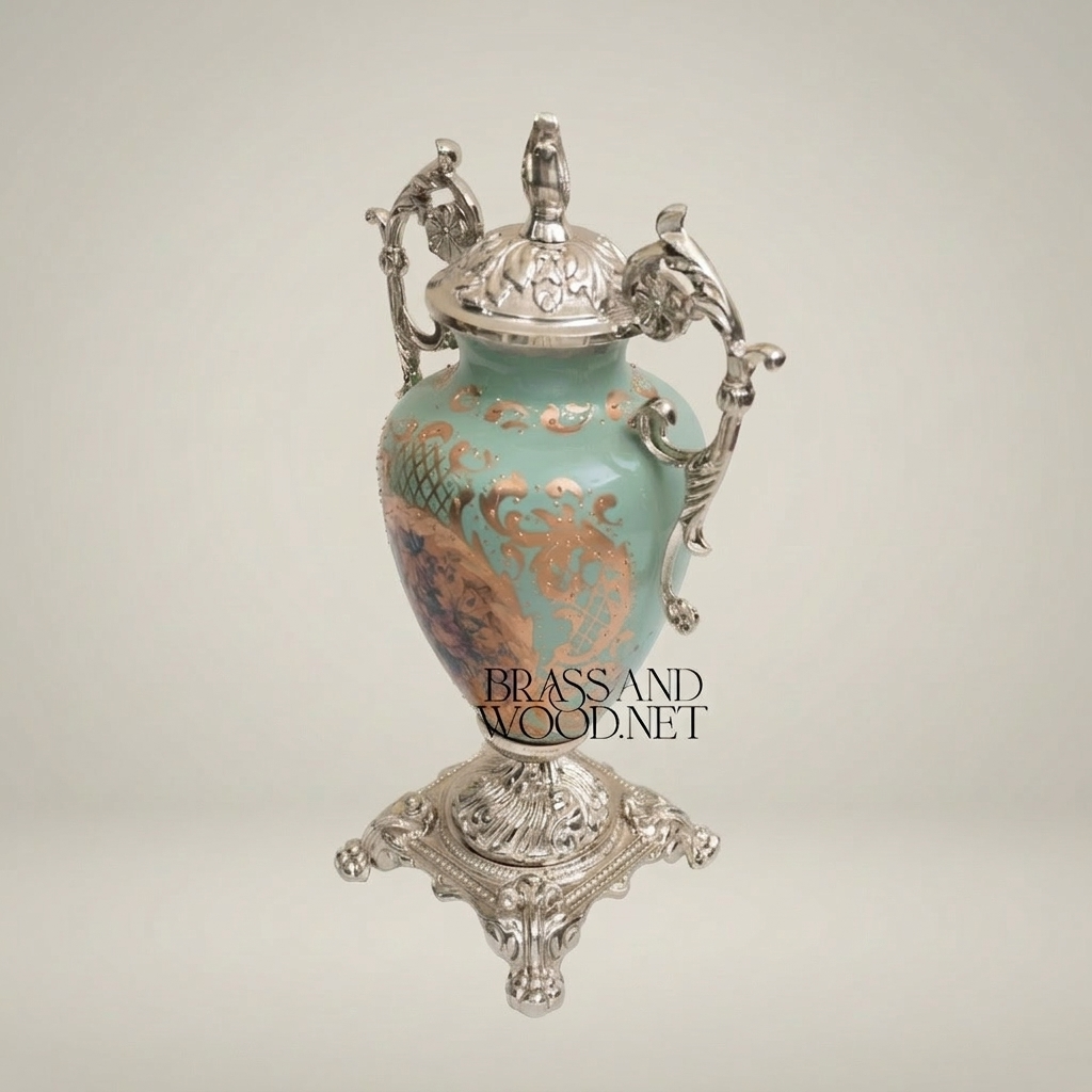 Rococo Lidded Urn Vase with Scrolled Brass Handles & Floral Medallion on Turquoise Ceramic — Silver