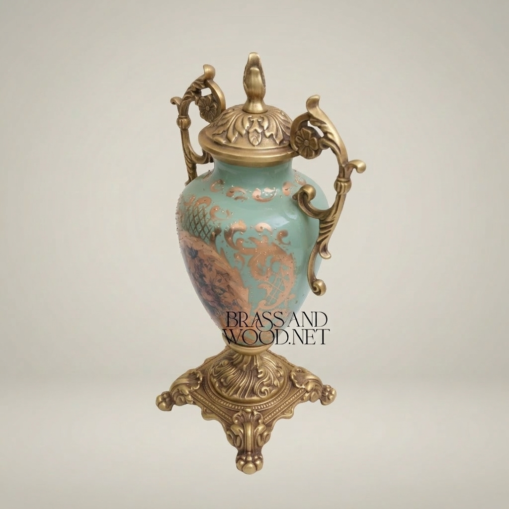 Rococo Lidded Urn Vase with Scrolled Brass Handles & Floral Medallion on Turquoise Ceramic — Antique Gold