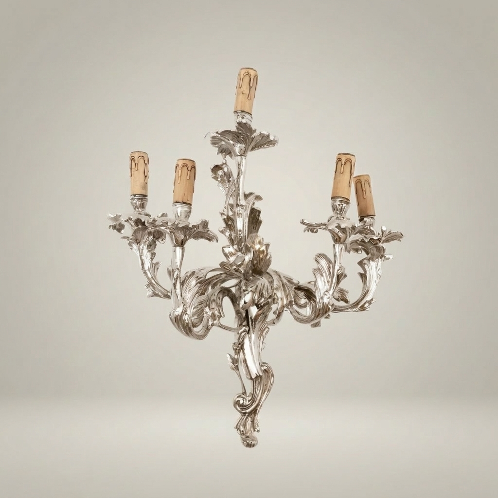 Rococo Louis XV Five-Arm Brass Wall Sconce with Acanthus Scrollwork — Silver