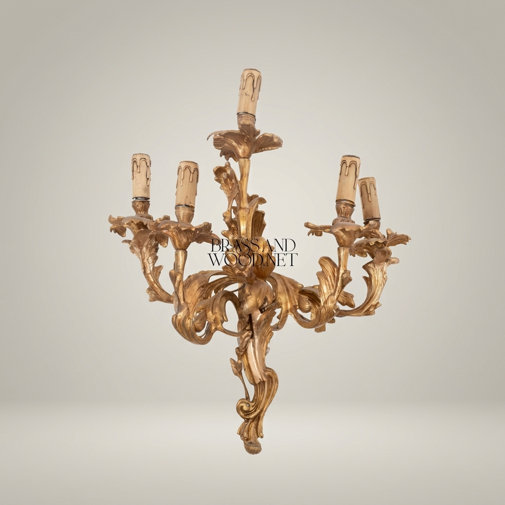 Rococo Louis XV Five-Arm Brass Wall Sconce with Acanthus Scrollwork — Antique Gold