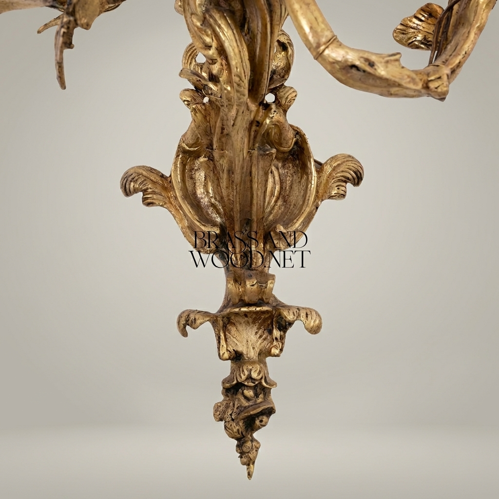 Rococo Louis XV Five-Arm Cast Brass Wall Sconce with Acanthus Scroll Branches — Antique Gold