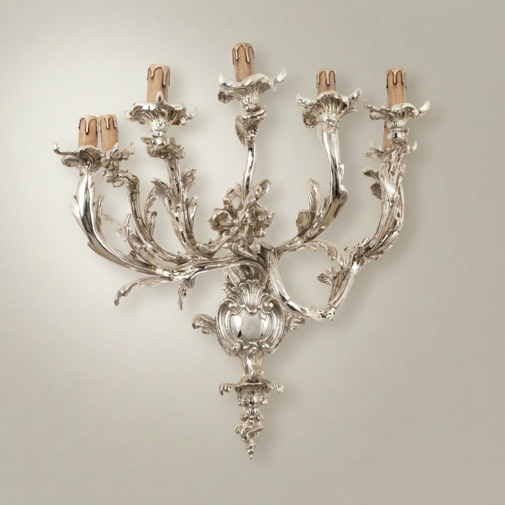 Rococo Louis XV Five-Arm Cast Brass Wall Sconce with Acanthus Scroll Branches — Silver