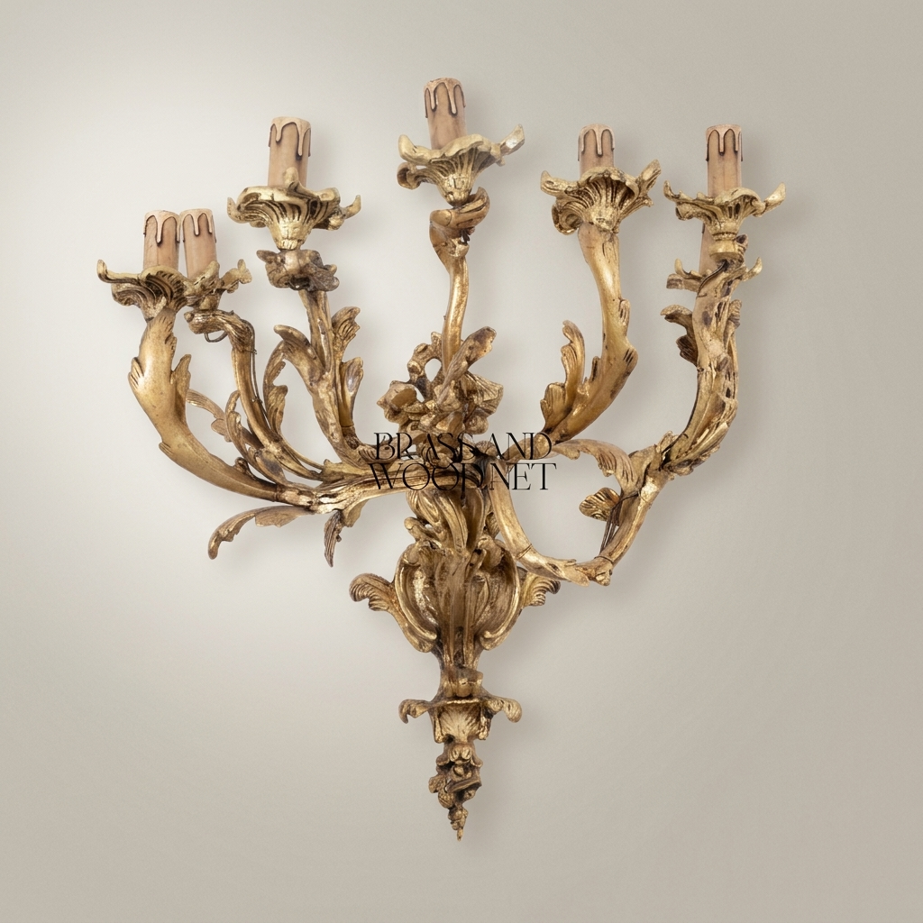 Rococo Louis XV Five-Arm Cast Brass Wall Sconce with Acanthus Scroll Branches — Antique Gold