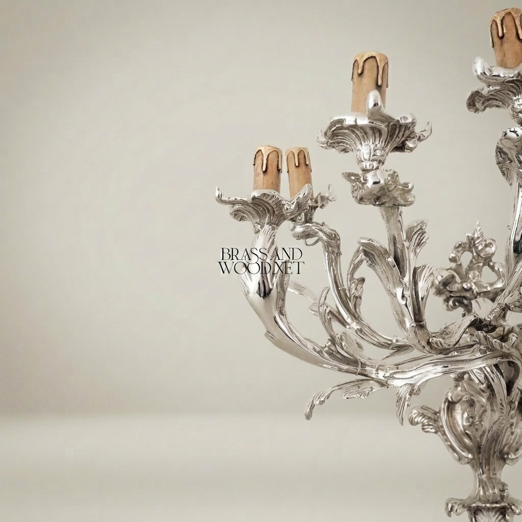 Rococo Louis XV Five-Arm Cast Brass Wall Sconce with Acanthus Scroll Branches — Silver