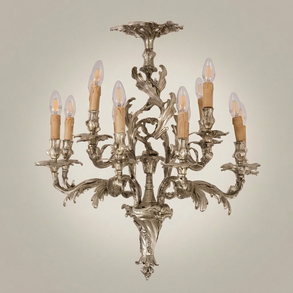 Rococo Louis XV Hand-Cast Brass Chandelier – 10-Arm Acanthus Scroll Candelabra — Silver
