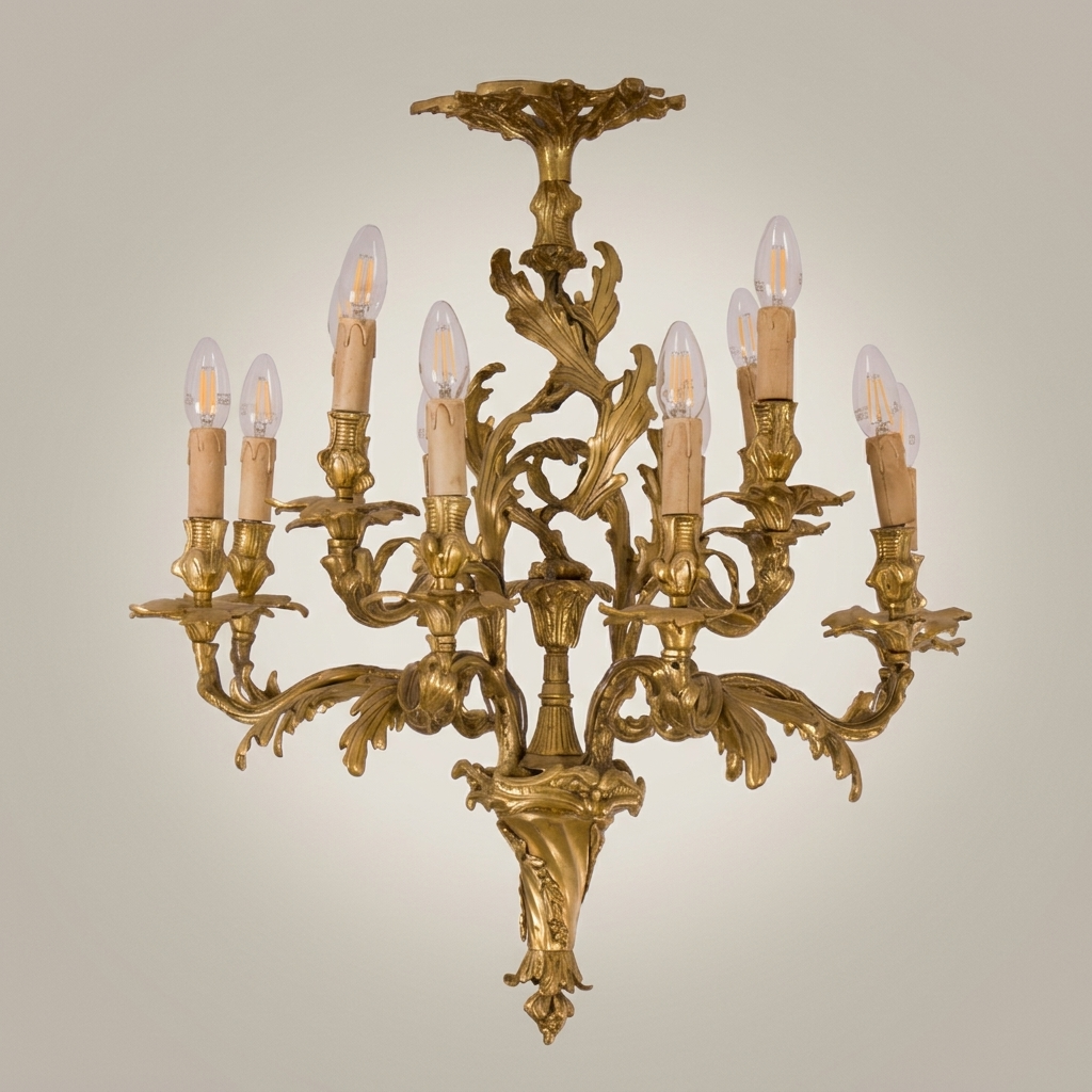 Rococo Louis XV Hand-Cast Brass Chandelier – 10-Arm Acanthus Scroll Candelabra — Antique Gold