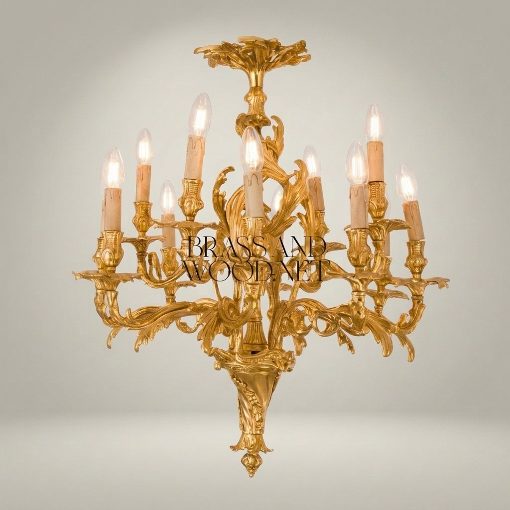 Rococo Louis XV Hand-Cast Brass Chandelier – 10-Arm Acanthus Scroll Candelabra — Gold