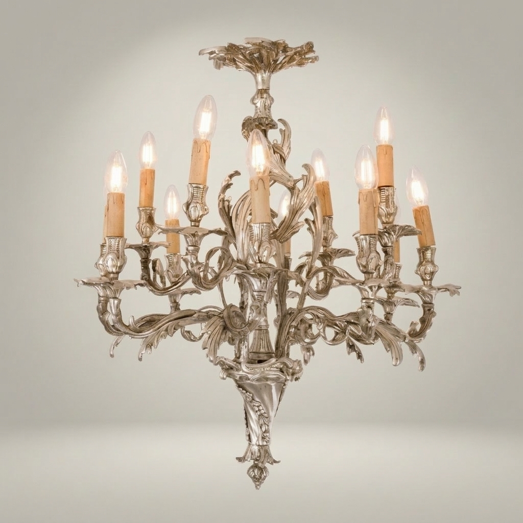 Rococo Louis XV Hand-Cast Brass Chandelier – 10-Arm Acanthus Scroll Candelabra — Silver