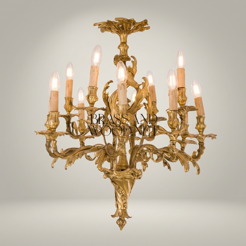 Rococo Louis XV Hand-Cast Brass Chandelier – 10-Arm Acanthus Scroll Candelabra — Antique Gold