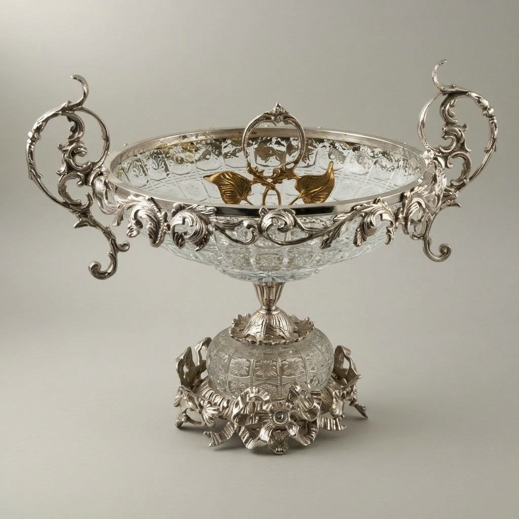 Rococo Ormolu-Mounted Cut Crystal Garniture Set — Acanthus Scroll Centrepiece & Vase Pair — Silver