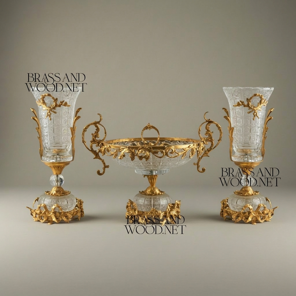 Rococo Ormolu-Mounted Cut Crystal Garniture Set — Acanthus Scroll Centrepiece & Vase Pair — Gold