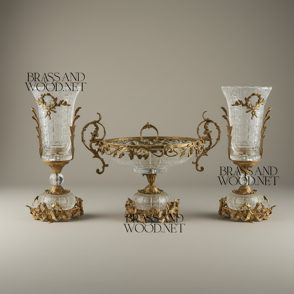Rococo Ormolu-Mounted Cut Crystal Garniture Set — Acanthus Scroll Centrepiece & Vase Pair — Antique Gold