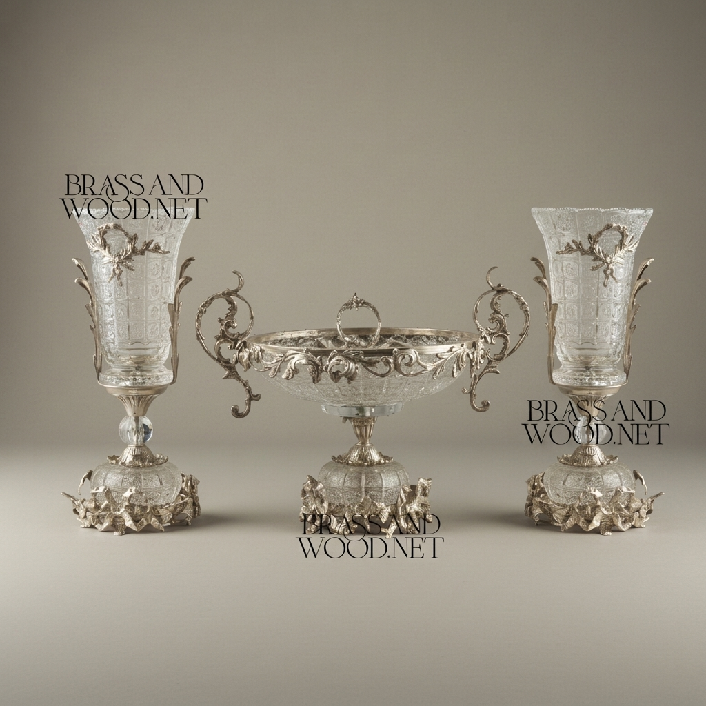 Rococo Ormolu-Mounted Cut Crystal Garniture Set — Acanthus Scroll Centrepiece & Vase Pair — Silver