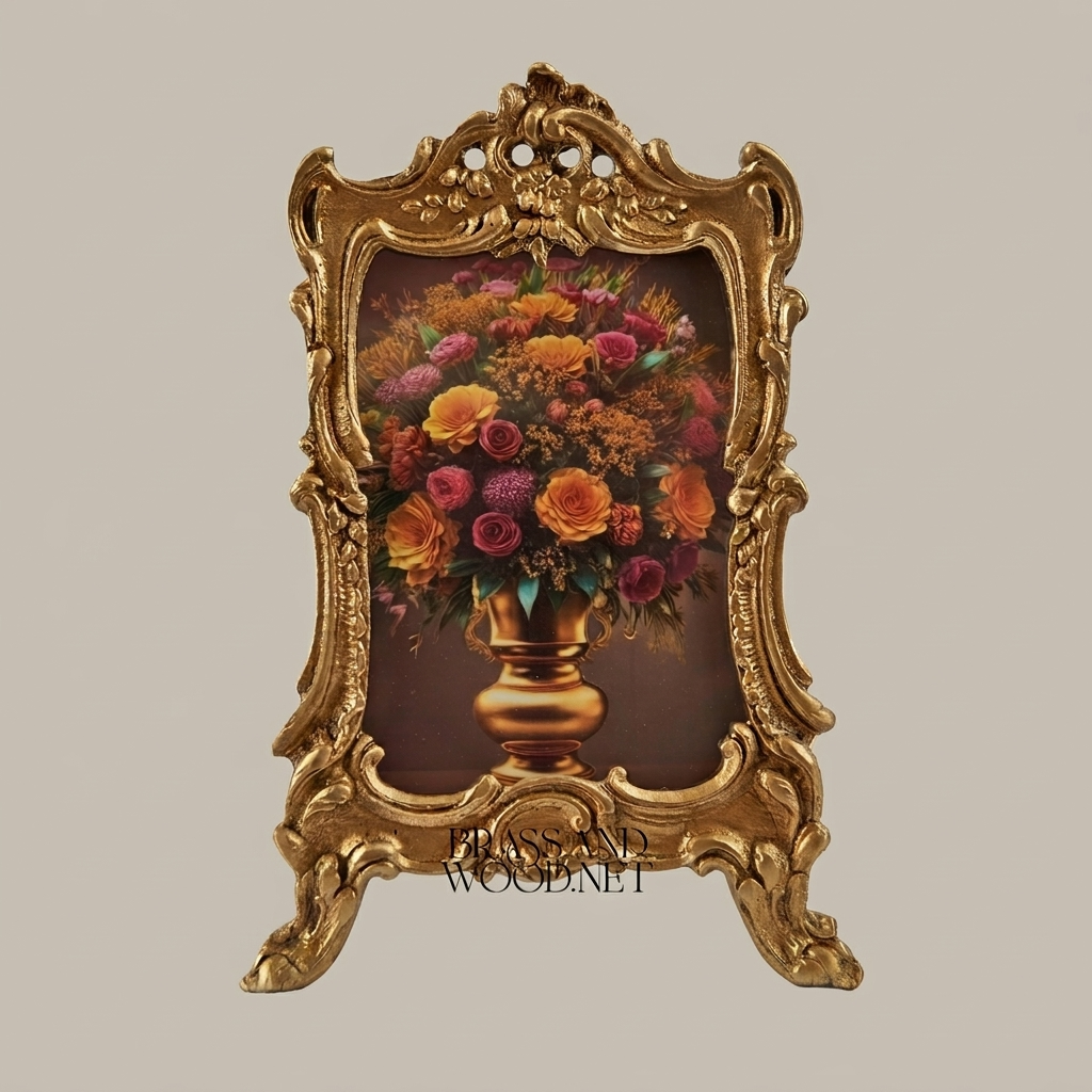 Rococo Ornate Metal Photo Frame with Cabriole Feet & Pierced Crown — Antique Gold