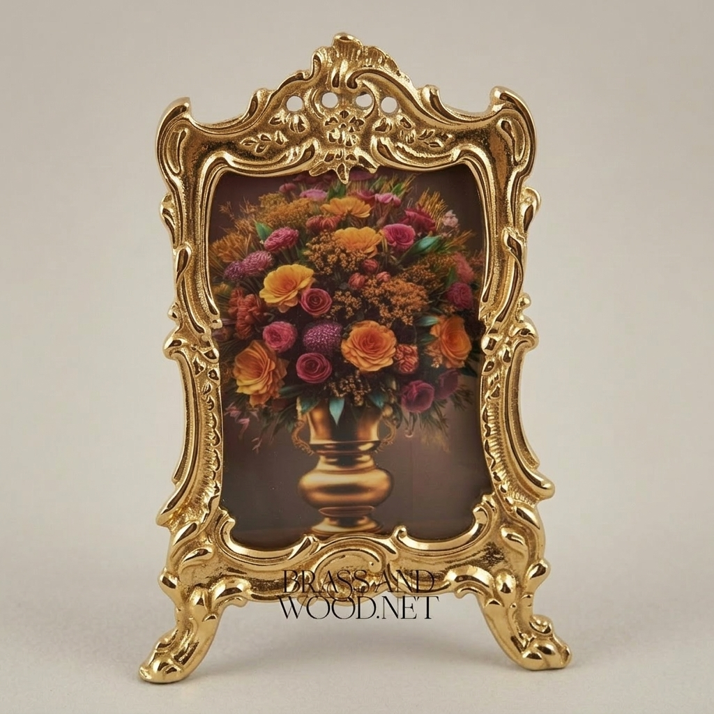 Rococo Ornate Metal Photo Frame with Cabriole Feet & Pierced Crown — Gold