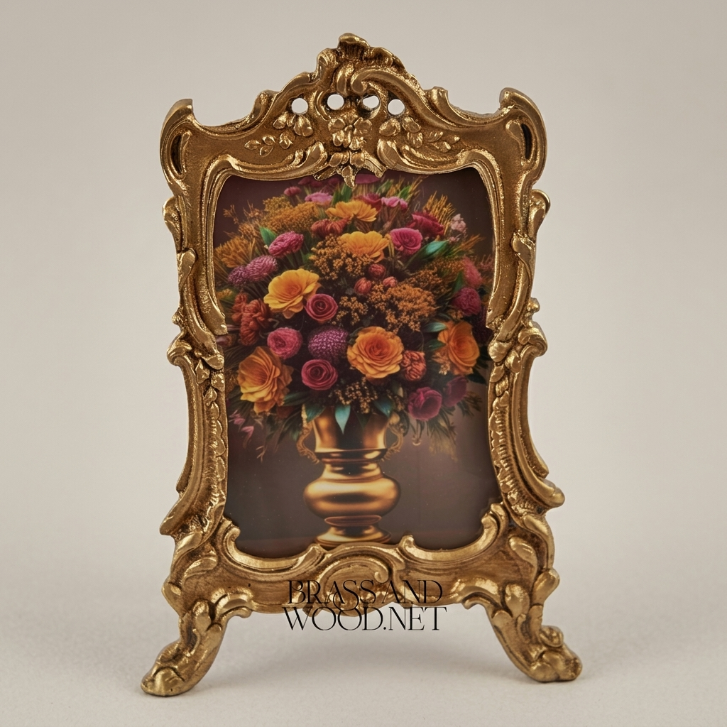 Rococo Ornate Metal Photo Frame with Cabriole Feet & Pierced Crown — Antique Gold