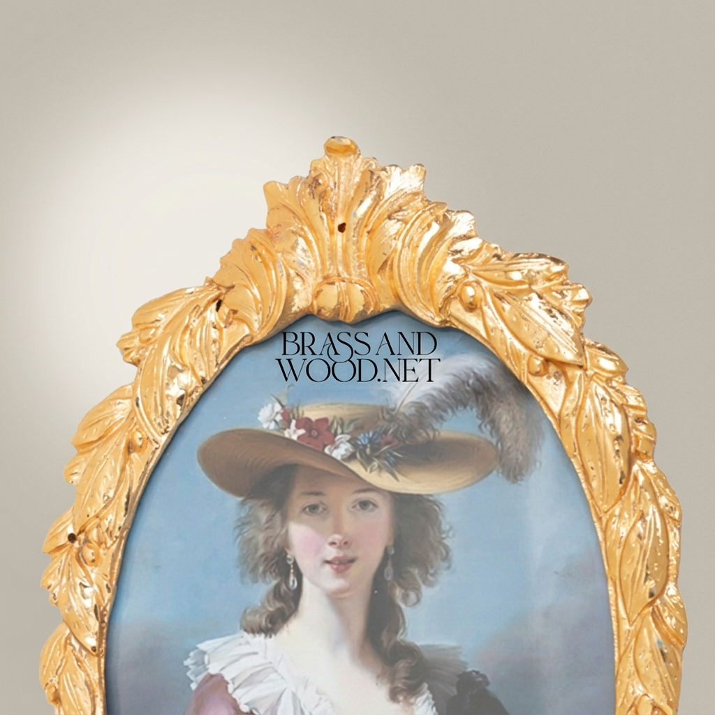 Rococo Oval Brass Photo Frame with Acanthus Crown & Ribbon Crest — Gold