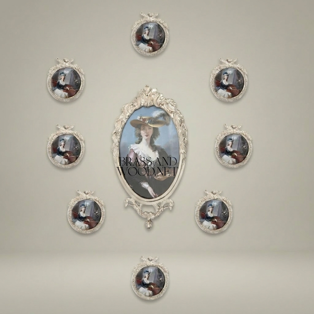 Rococo Oval Brass Photo Frame with Acanthus Crown & Ribbon Crest — Silver