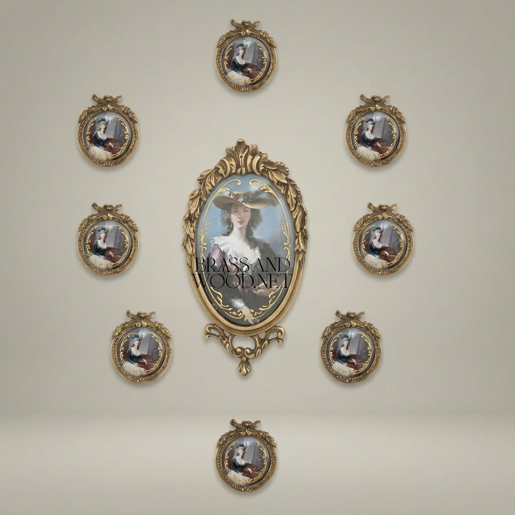 Rococo Oval Brass Photo Frame with Acanthus Crown & Ribbon Crest — Antique Gold