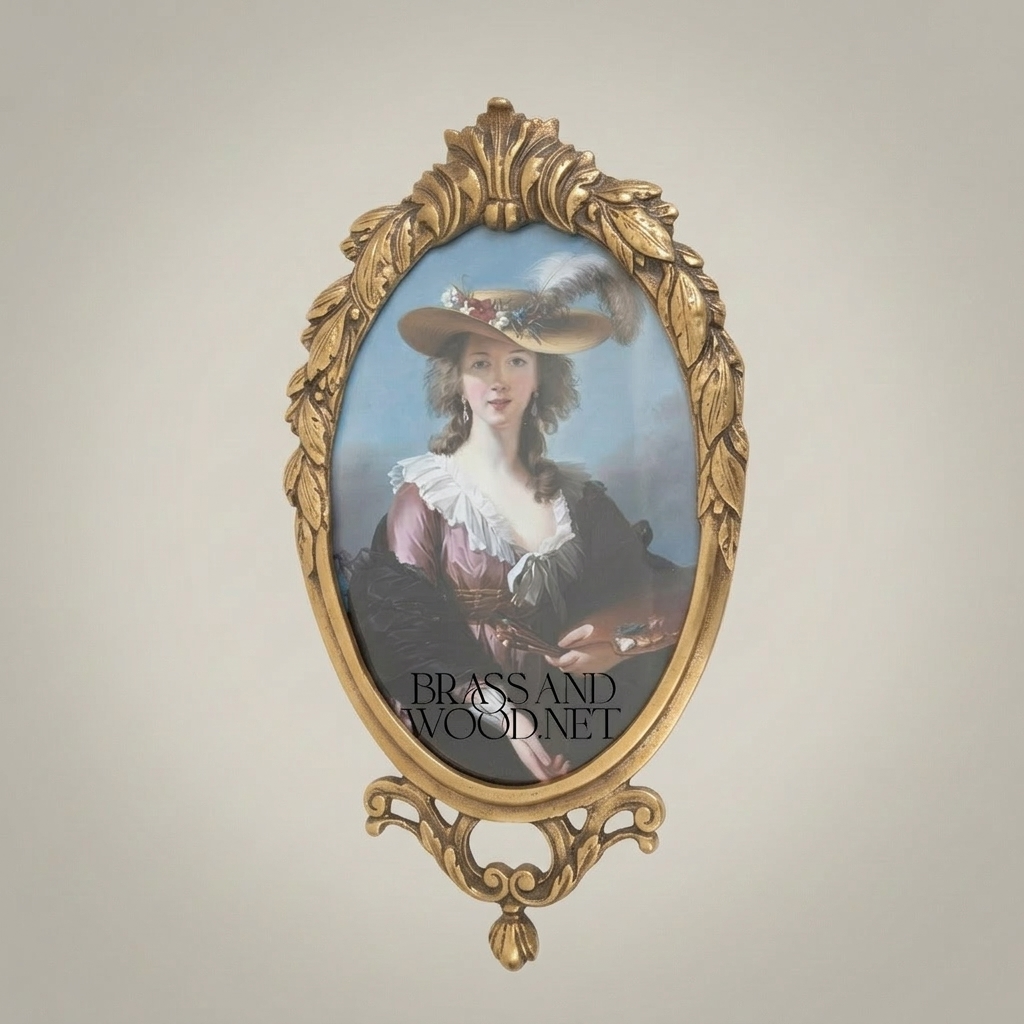 Rococo Oval Brass Photo Frame with Acanthus Crown & Scroll Base — Antique Gold