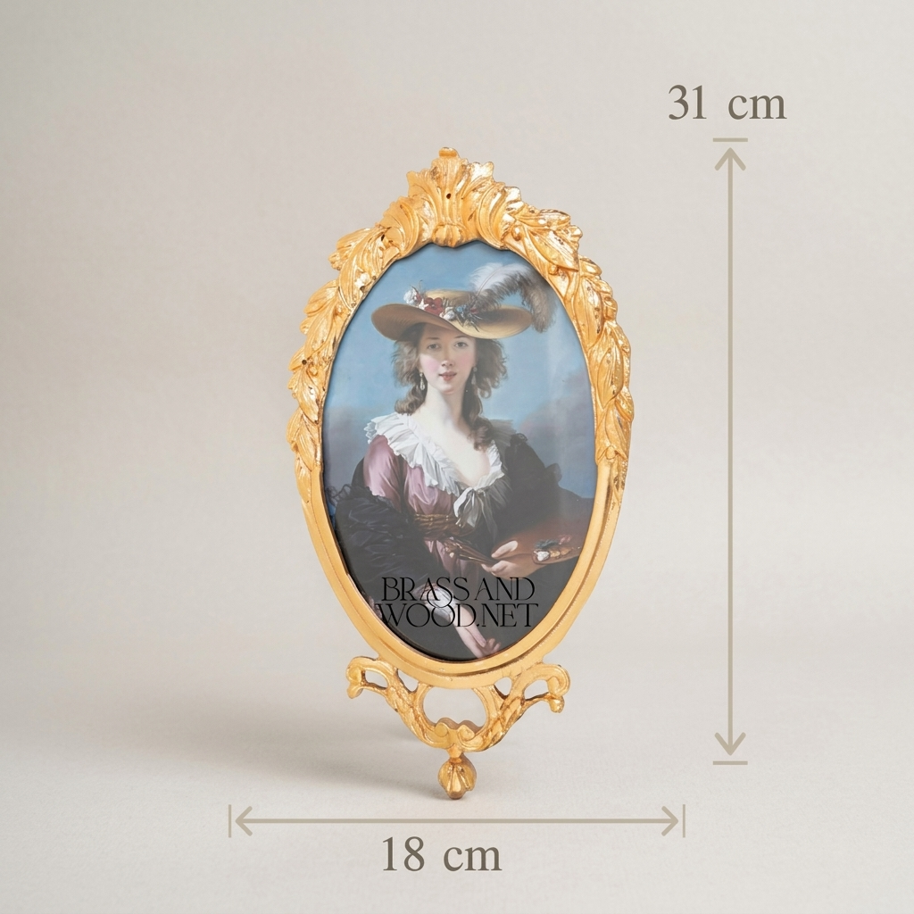 Rococo Oval Brass Photo Frame with Acanthus Crown & Ribbon Crest — Gold