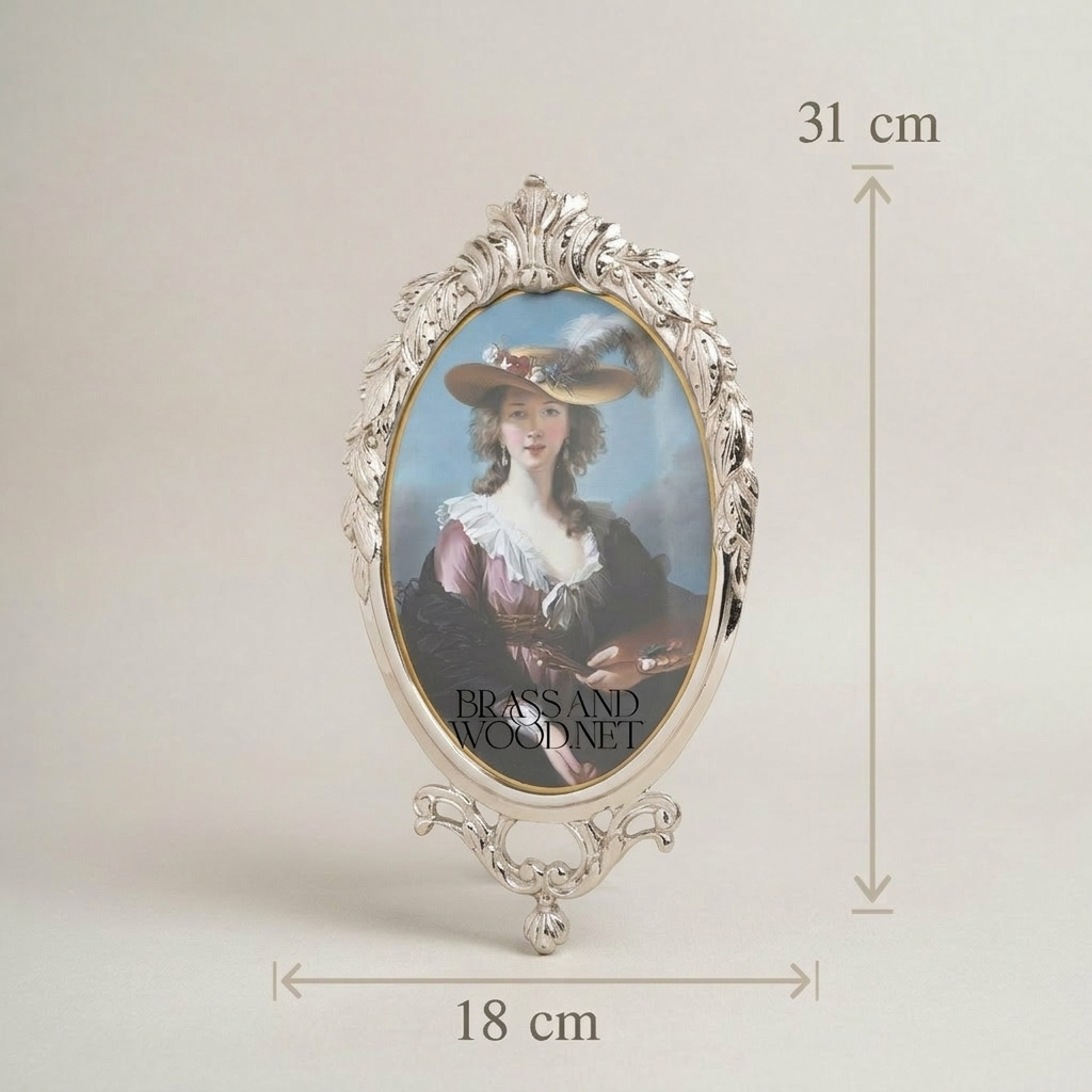 Rococo Oval Brass Photo Frame with Acanthus Crown & Ribbon Crest — Silver