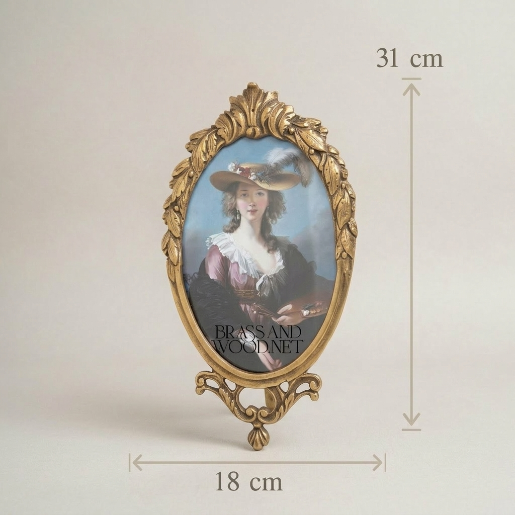 Rococo Oval Brass Photo Frame with Acanthus Crown & Ribbon Crest — Antique Gold