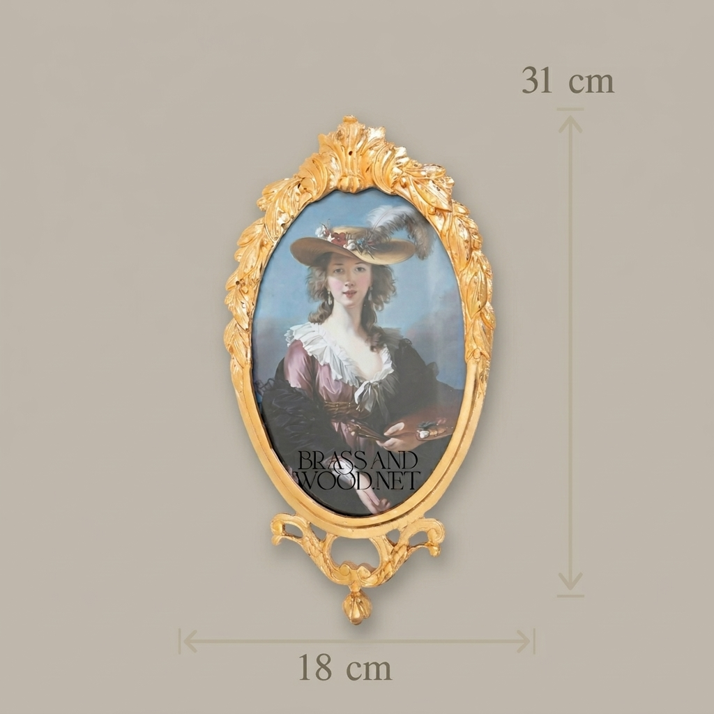 Rococo Oval Brass Photo Frame with Acanthus Crown & Scroll Base — Gold