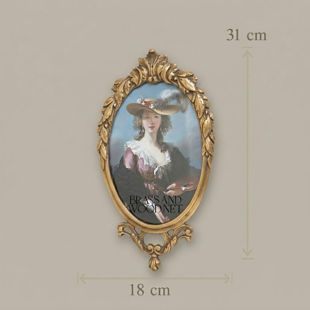 Rococo Oval Brass Photo Frame with Acanthus Crown & Scroll Base — Antique Gold