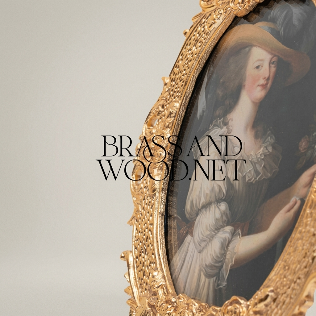 Rococo Oval Brass Photo Frame with Floral Cartouche Crest & Easel Stand — Gold