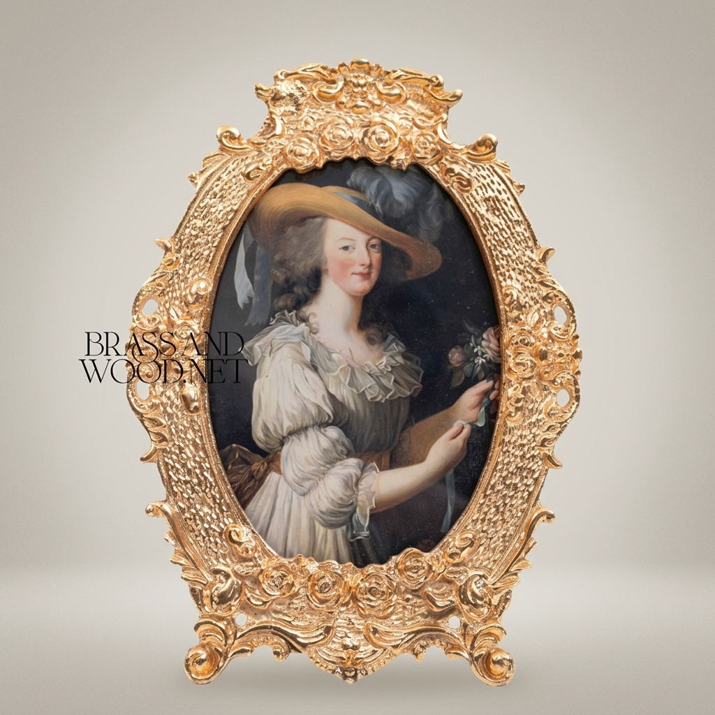 Rococo Oval Brass Photo Frame with Floral Cartouche Crest & Easel Stand — Gold