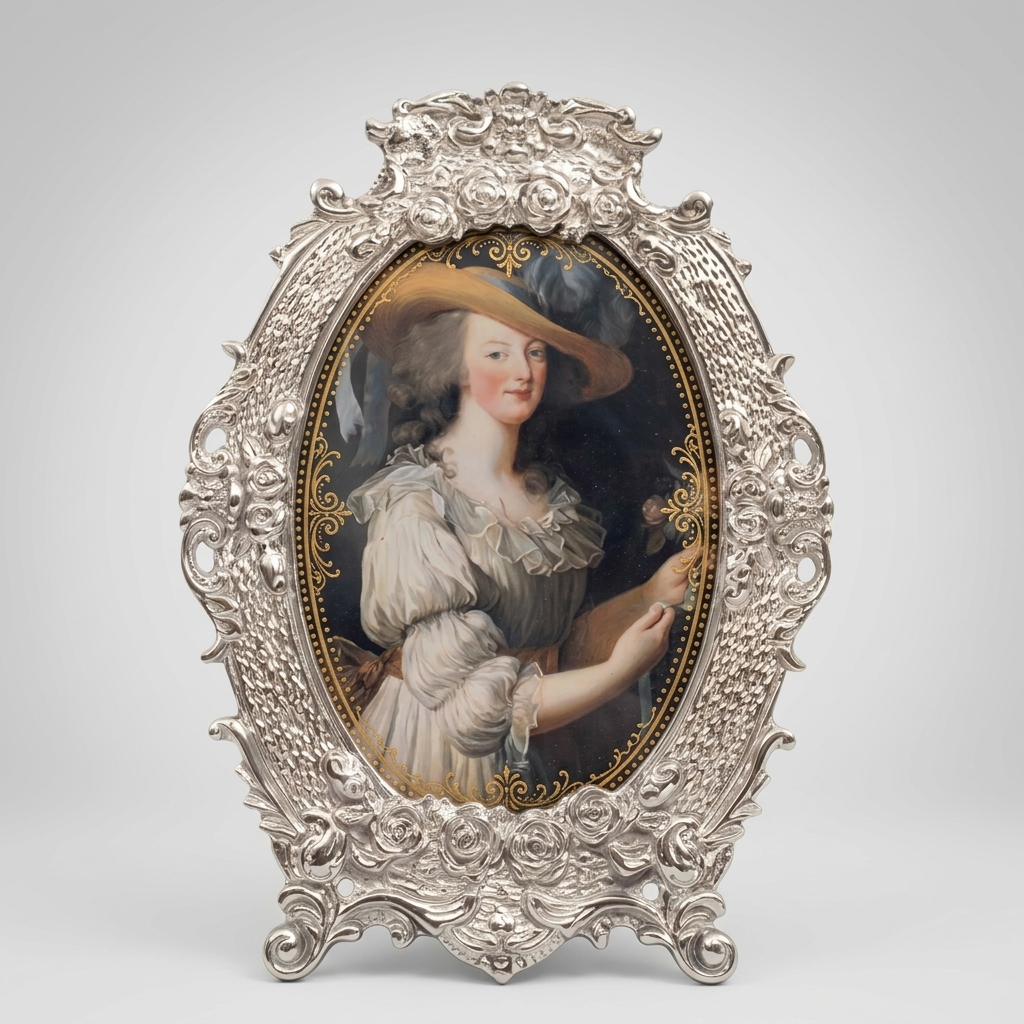 Rococo Oval Brass Photo Frame with Floral Cartouche Crest & Easel Stand — Silver