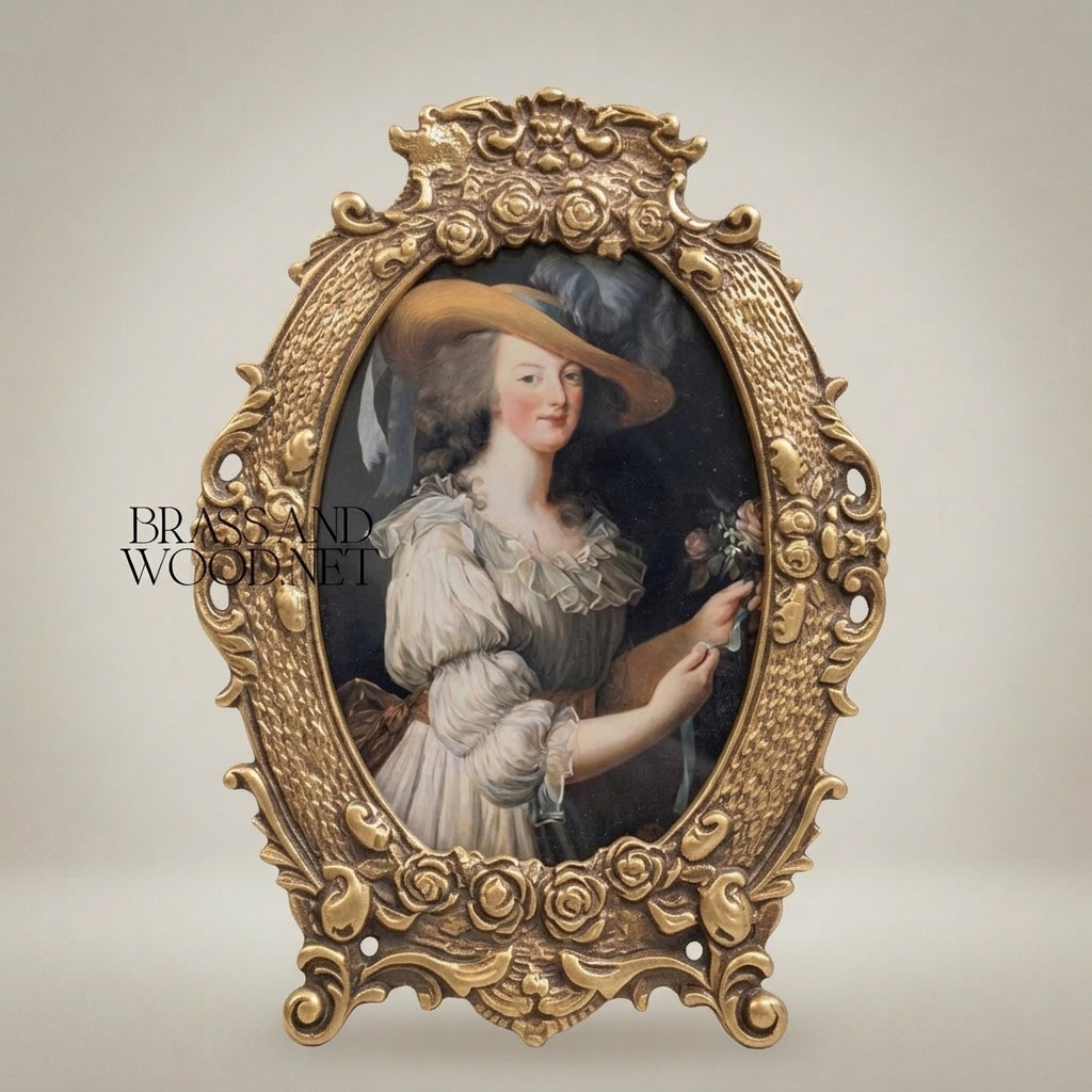 Rococo Oval Brass Photo Frame with Floral Cartouche Crest & Easel Stand — Antique Gold