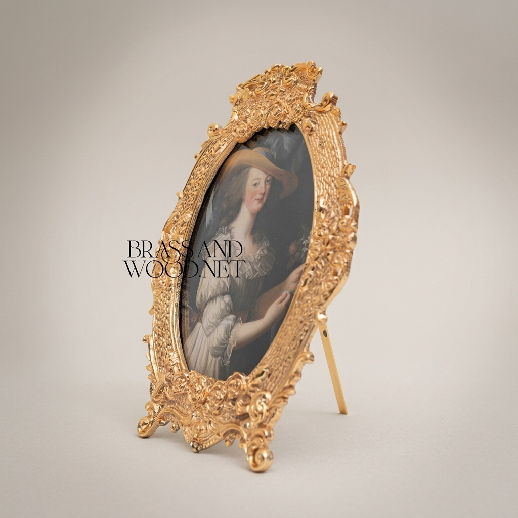 Rococo Oval Brass Photo Frame with Floral Cartouche Crest & Easel Stand — Gold
